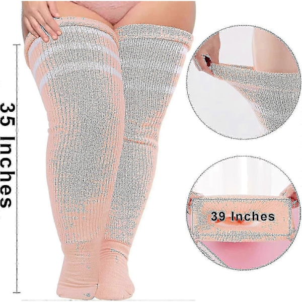 Plus Size Dame Lårstrømper til Tykke Lår - Ekstra Lange Stribede Tykke Over Ljusorange vit