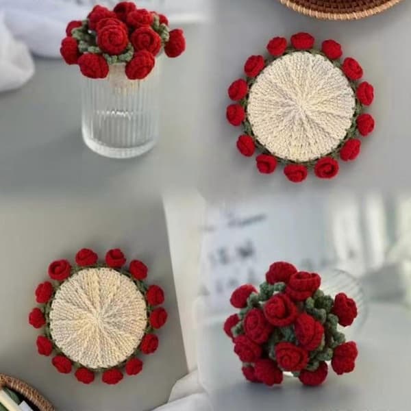DIY Hæklekit Rosenbuket Hæklede Brikker Startkit Blomsterbrik Hæklekit til Håndarbejde Rød rose Red rose