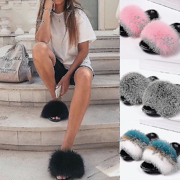Sommer Pels Slippers Fluffy Søde Plys Damer Flip Flops Luksus Charmerende Sandaler Xnr137 44