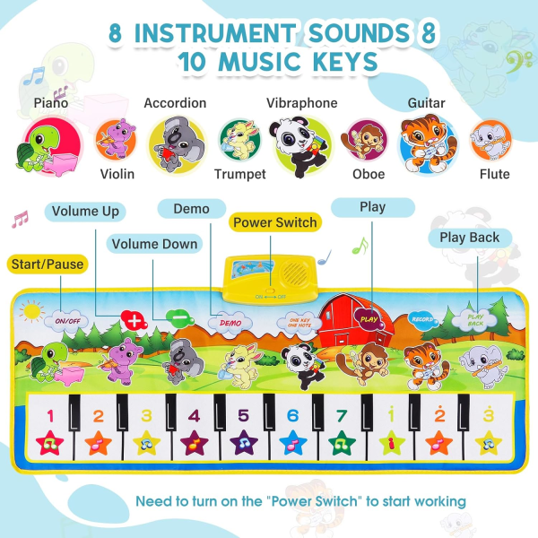 Pianomatto, 39,5\" X 14\" Musiikkimatto 8 Instrumenttiääntä Pianomatto Taaperoille Kosketussoitto Tanssimatto Lelut 1 2 3 Vuotiaille Tytöille Pojille Lahjat