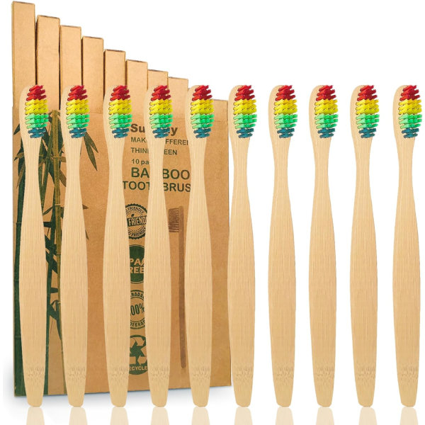 10-pack Rainbow Bamboo tandborstar | Biologiskt nedbrytbar och komposterbar miljövänlig Tandborste i naturlig bambu - 100 % ÅTERVINNING FÖRPACKNING (Regnbåge)