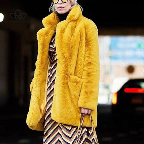 Lang Mote Pels Plysj Varm Elegant Casual Løs Frakk Vinter Fortykket Revers Fluffy Frakk yellow XL