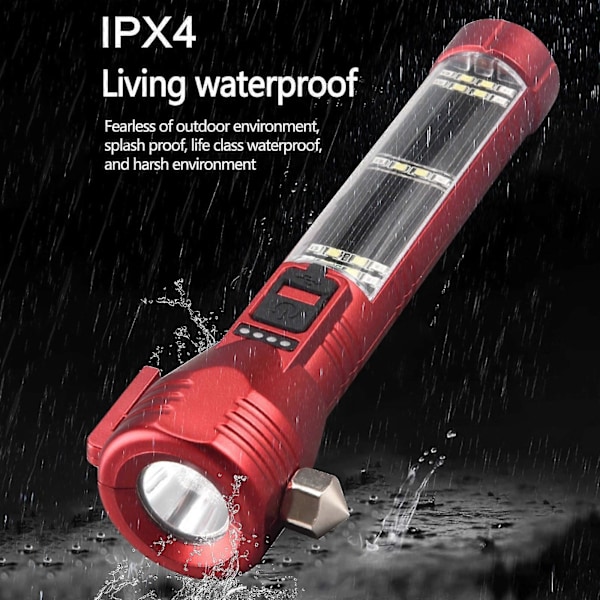 Solcellsdriven LED-ficklampa med USB-laddning, bilstark ljushammare