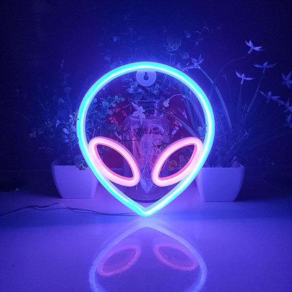 Alien Neon-skilt, USB eller 3-AA batteridrevet Neon-lys, LED-borddekorasjon, soveromsveggdekorasjon, bursdagsgave (blå+rosa)