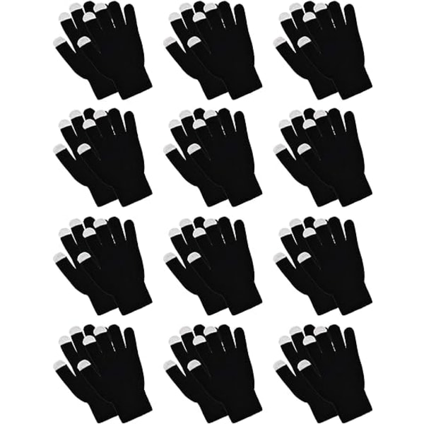 12 par pekskärmshandskar Stretchstickade texthandskar Varma vindtäta enfärgade vantar för män och kvinnor - svarta medelstorlek