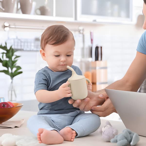 2-pack 100% Small Silicone Training Cup with Handles & Straw for Babies and Toddlers (White Blue)