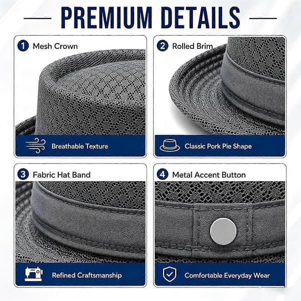 Unisex åndbar mesh Pork Pie-hat, blød og absorberende, let foldbar stråsolhat, til strandrejser udendørs