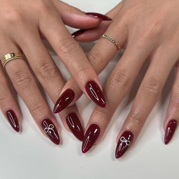 Vinröd Press på naglar Medium Mandel Fake Nails Glänsande lim på naglar Akrylnaglar Stiletto konstgjorda naglar Stick på lösnaglar 24 st.