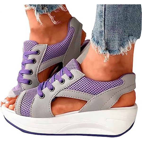 Damesko med snøring, muffins-sandaler, kontrastpaneler, utskårede hælsandaler, flip-flops for daglig bruk, sommer, pyntet fest Purple 42