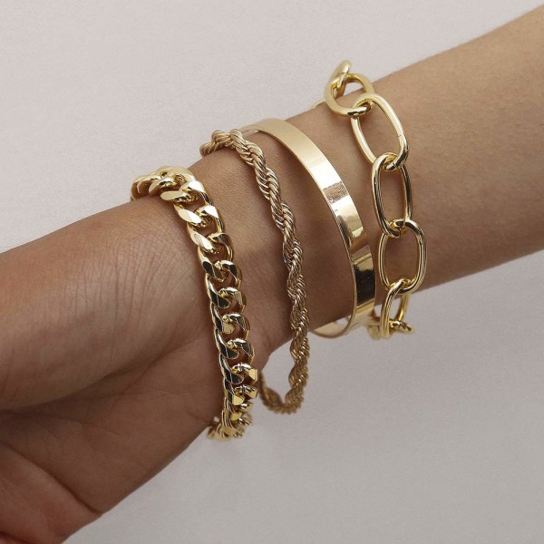 Söt Boho Guld Silver Kedja Armband Set för Kvinnor Justerbar Mode Pärlor Chunky Flat Kabel Kedja Punk Armband Set om 4 (Guld)