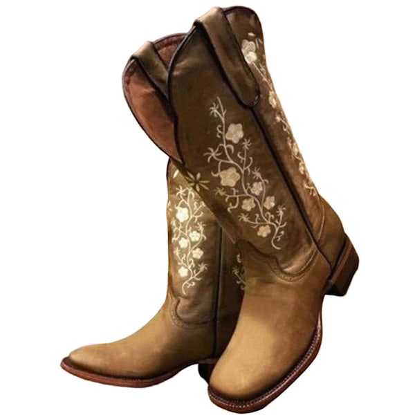 Damskor Western Cowboy Boots med Plus Size Låg Chunky Häl Skor för Jeans Trench Coat Kalvbyxor Khaki 42