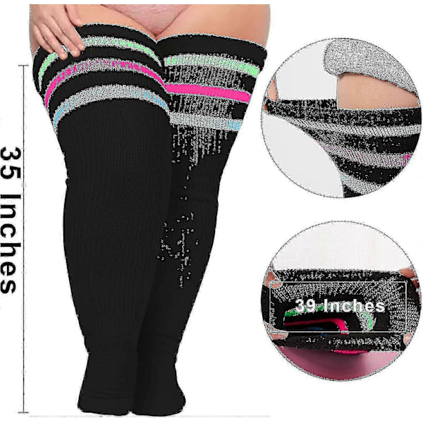 Plus Size Dame Lårstrømper til Tykke Lår - Ekstra Lange Stribede Tykke Over Svart Grön Rosa Blå