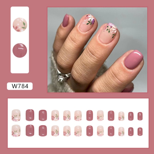Blompress på naglar Kort kista form falska naglar glänsande rosa enfärgad lösnaglar med design Återanvändbara cover konstgjorda naglar