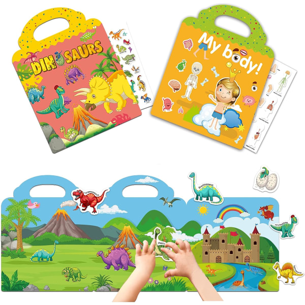 2-pack klistermärken böcker för , återanvändbara klistermärken för småbarn 1-4 år, dinosaurier tema Reseaktivitetsböcker för , förskola chrilchood födelsedagspresent