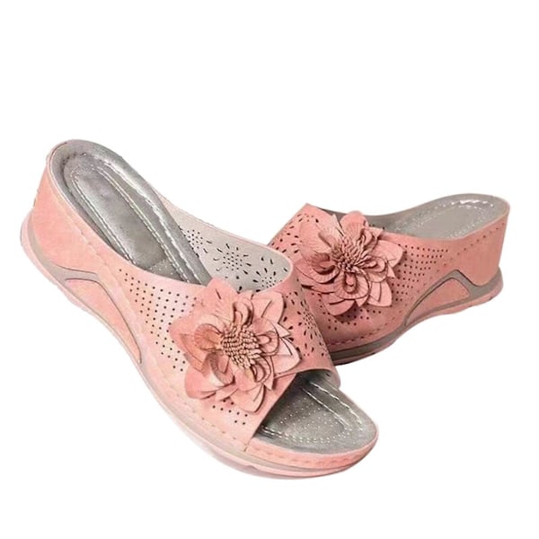 Plus Size Sandaler för Kvinnor, Vävda Blommiga Kila-tofflor för Inomhus och Utomhus Pink 43