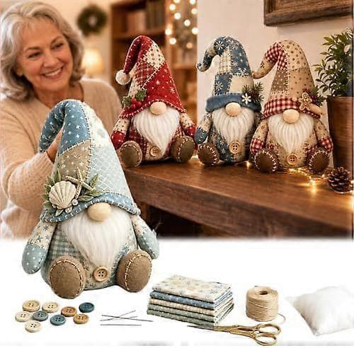 DIY-sy-sett til jul, materialpakke for patchwork-nisse, avslappende håndarbeidssett for julepynt k8