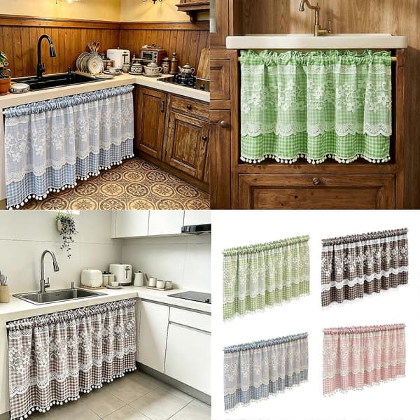 Gardinpanel til køkken og bad, stanglomme lysfiltrerende polyester med gingham-kant til skabsfront til hjemmebrug 100 70cm blå Blue 100 70cm