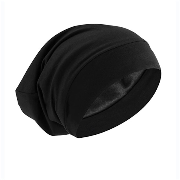 Sidenhatt, sovhatt, mjuk hårscarf, skyddande hatt, satinfordrad hatt, justerbar turban, mössa, sjuksköterskehatt, hatt för mediumlockigt och krusigt hår Black