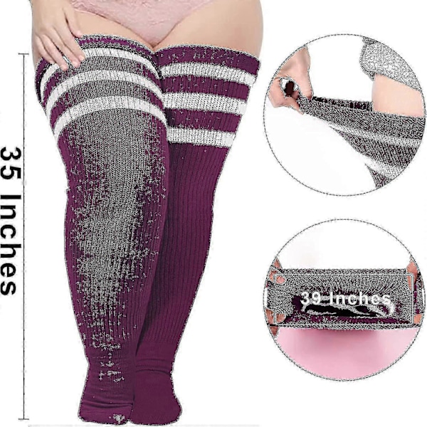 Plus Size Dame Lårstrømper til Tykke Lår - Ekstra Lange Stribede Tykke Over Druva lila vit