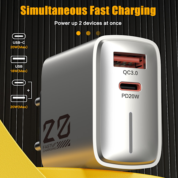 20W Type-C lader med lys mini laderhode PD+USB metall grå rask lading