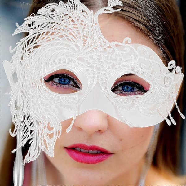 Vit spets handhållen maskeradmask för kvinnor festmask kvantifierare