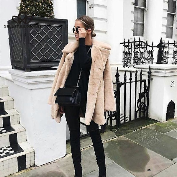 Lang Mote Pels Plysj Varm Elegant Casual Løs Frakk Vinter Fortykket Revers Fluffy Frakk apricot XL