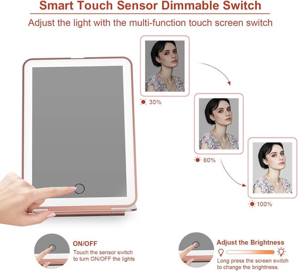 Travel Mirror for Makeup, Portable Mirror with Lighting, Dimmable Touch Screen