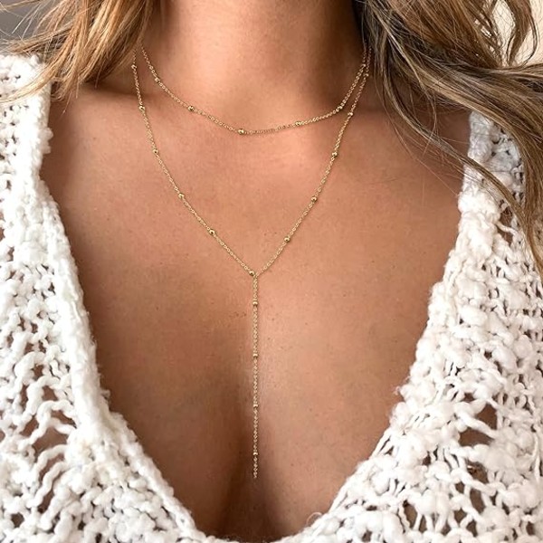 Lariat Halskjede for Kvinner, Yndig Gull 14k Gullbelagt Perle CZ Teardrop Anheng Halskjede Enkelt Gull Dråpe Halskjede Trendy Y Halskjede Smykker