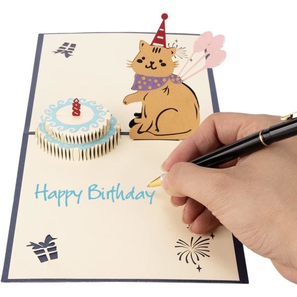 Pop Up kattfödelsedagskort, 3D-födelsedagstårtakort med söt kattdesign, rolig födelsedagspresent, handgjort kort för män Kvinnor Hustru Make Barn Vänner-blå