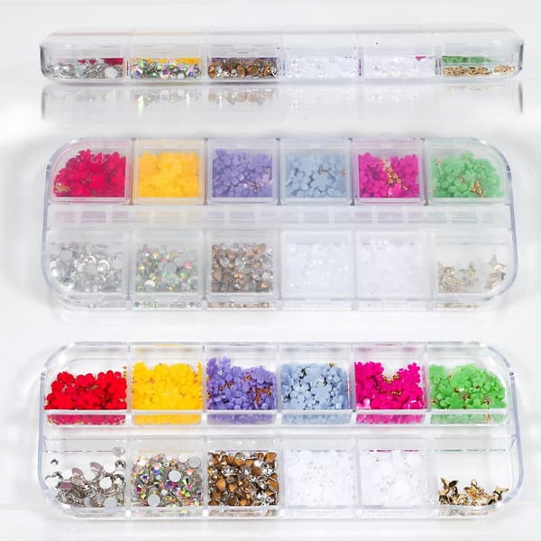 12 Gitre 3D Blomster Neglekunst Charms med Perler, Farverige Akryl Blomsterdekorationer DIY Sæt