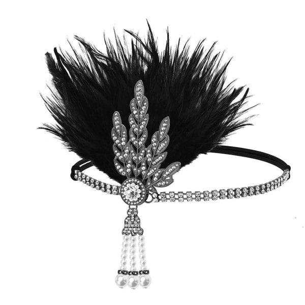 1920-talsklafffjäderpannband Art Deco Great Gatsby ，Headpiece Inspired Leaf Medallion Pearl Pannband för kvinnor och flickor (svart svart)