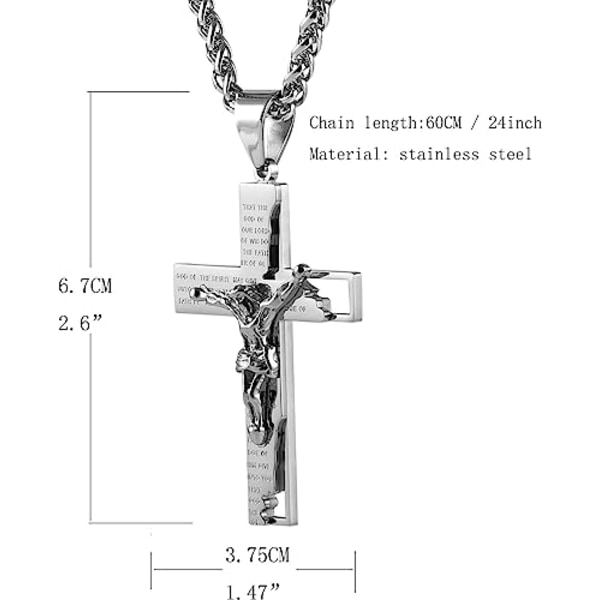 Rostfritt stål korskrucifix bibelbönehängande halsband 22+2" kedja