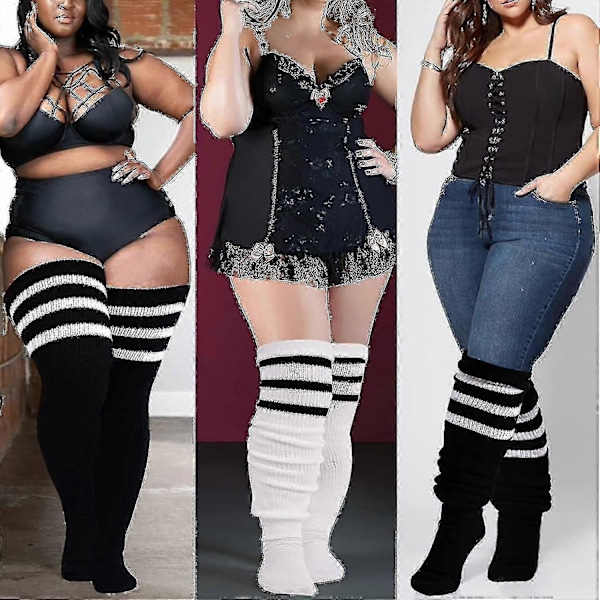 Plus Size Dame Lårstrømper til Tykke Lår - Ekstra Lange Stribede Tykke Over Svart vit