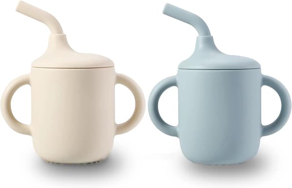 2-pack 100% Small Silicone Training Cup with Handles & Straw for Babies and Toddlers (White Blue)
