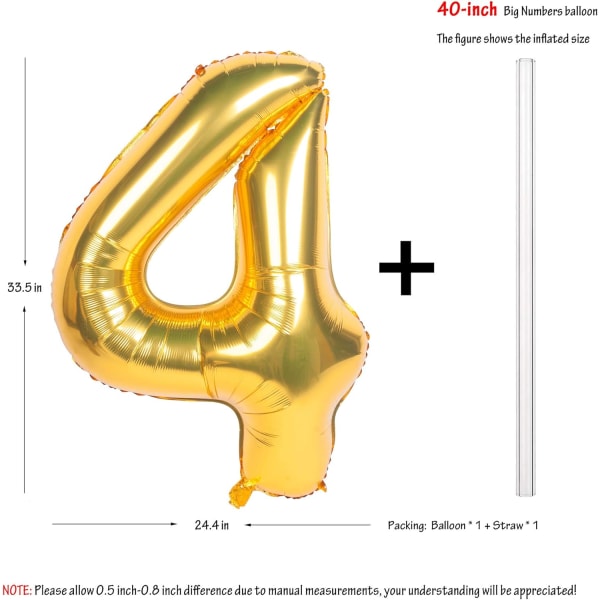 2 st 40 tum Guld Digital Helium Folieballonger för Födelsedagsfest (Nummer 4, Guld)