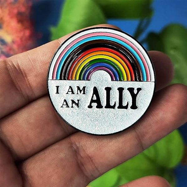 Olen liittolainen -emalipinni sateenkaariliittolainen -pinni rintaneula LGBT-metallirintakoru hauskat merkit LGBTQ kova glitteri -pinni kevyt