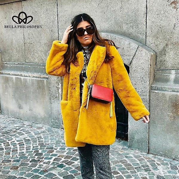 Lang Mote Pels Plysj Varm Elegant Casual Løs Frakk Vinter Fortykket Revers Fluffy Frakk yellow M
