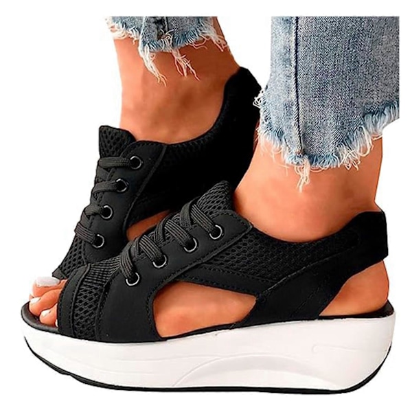 Dame Snøresandaler med tyk sål, kontrastpaneler, udskæringer, hælede sandaler, flip-flops til hverdagsbrug, sommerkjolefest Black 36