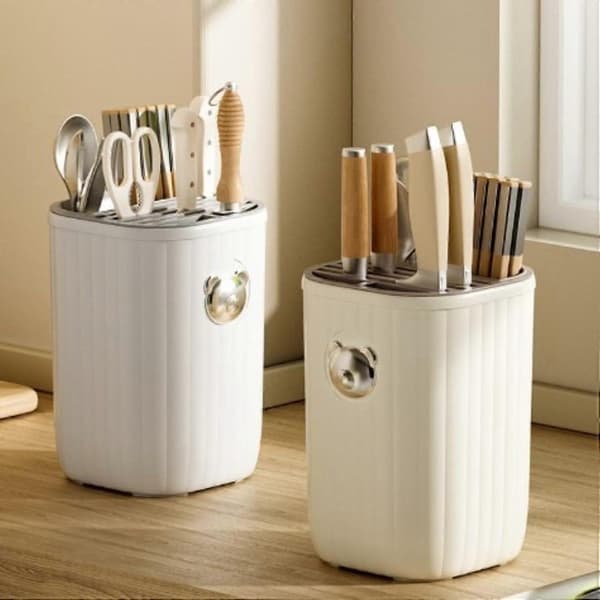 White Gold Knife Holder with Utensil Storage, Ventilated Removable Countertop Rack