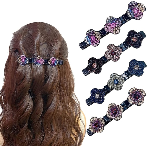 Glittrande kristallsten flätade hårklämmor, NNDpt 4 st söta hårspännen, tre blommiga hårklämmor, hårklämmor med gnistrande strass