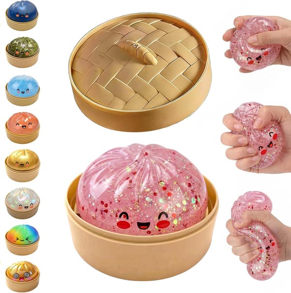 Glitter Dumpling Squishy, Dumpling Squishies, Glitter Dumpling Mystery Box, Farverige Dumpling Stressbolde Fidget, Jumbo Squishy Legetøj med Damperkasse Sæt Glitter Pink