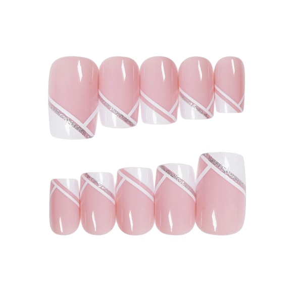 Vit fransk rosa tryck på naglar - UV Gel Finish Finger Wear Nail - Medium Silver Glitter Deco Återanvändbara falska naglar - 24 Nail Kit med Jelly Lim Pad