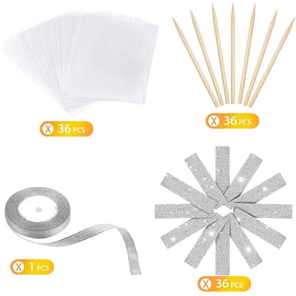 36-pack godisäpple karamelläpplepinnar och påsar, 36 påsar, 36 pinnar, 1 glitterband karamelläpplekit silver