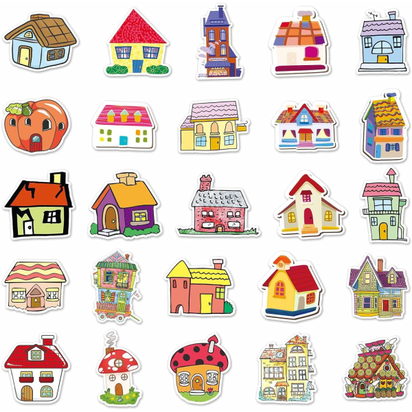 50 stk. Cartoon Houses og Castles Stickers, Vinyl Mushroom Stickers til Vandflasker, Laptops, Telefoner, Scrapbooking, Journaling, Krus Dekaler Party Favors