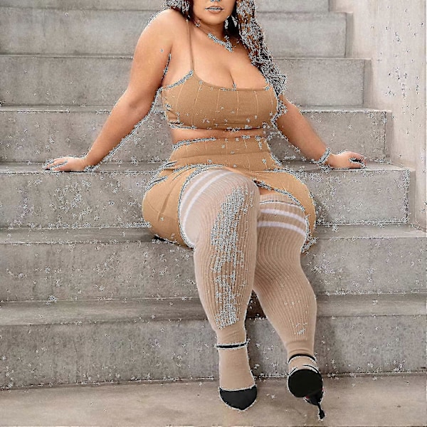 Plus Size Dame Lårstrømper til Tykke Lår - Ekstra Lange Stribede Tykke Over Beige vit