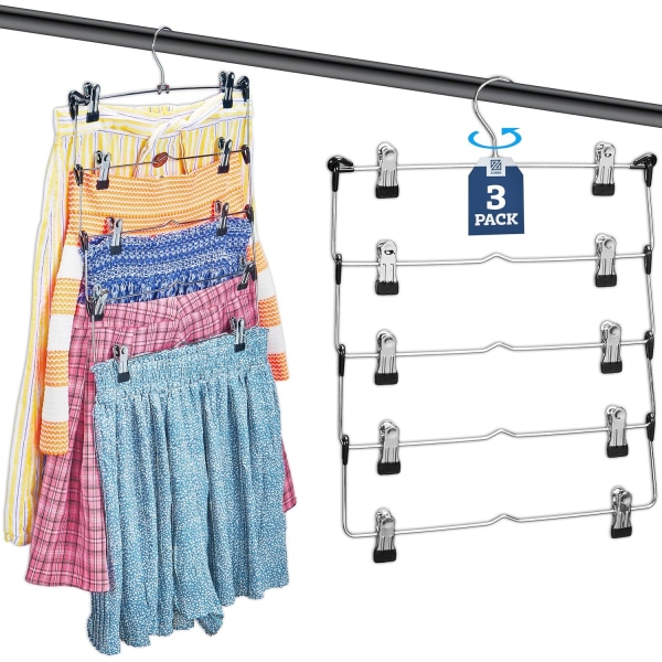 5-Tier Skirt Hangers with Clips - Metal, Non-Slip Space Saving Pants Hangers W/Adjustable Clips & Swivel Hooks - Skirt Hangers for Women (3-Pack)