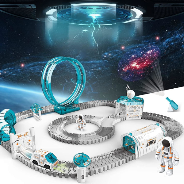 Romleker for barn, togsett for 4-7 år med 1 min stjerneprojektor, 1 lysbil og 2 astronautdukker, fleksibel racerbane bursdag julegaver leker