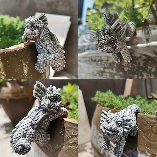 4 stk. dyrevedheng, tegneseriedrager, hengende kopper, hengende blomsterpotter, harpikspynt, skulpturer, hagehåndverk