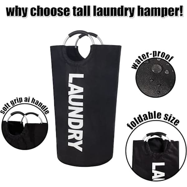 Laundry Basket with Padded Handles, Waterproof Foldable Laundry Hamper, Laundry Basket for Bathroom, Laundry Room, Dorm Black black