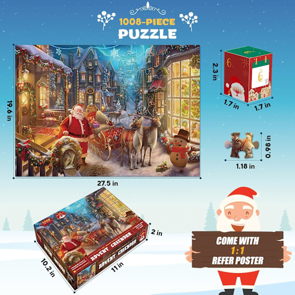 Julklapp Nedräkning Kalender Pussel för Barn och Vuxna - 1008 Bitar Pussel 24 Dagars Jul Nedräkning Kalender